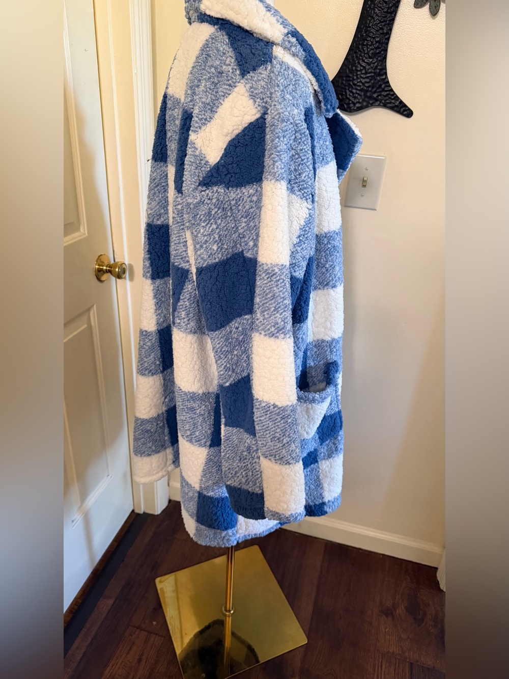 Blue and White Plaid Sherpa Coat by Sabrina Lauren - Picture 4 of 7